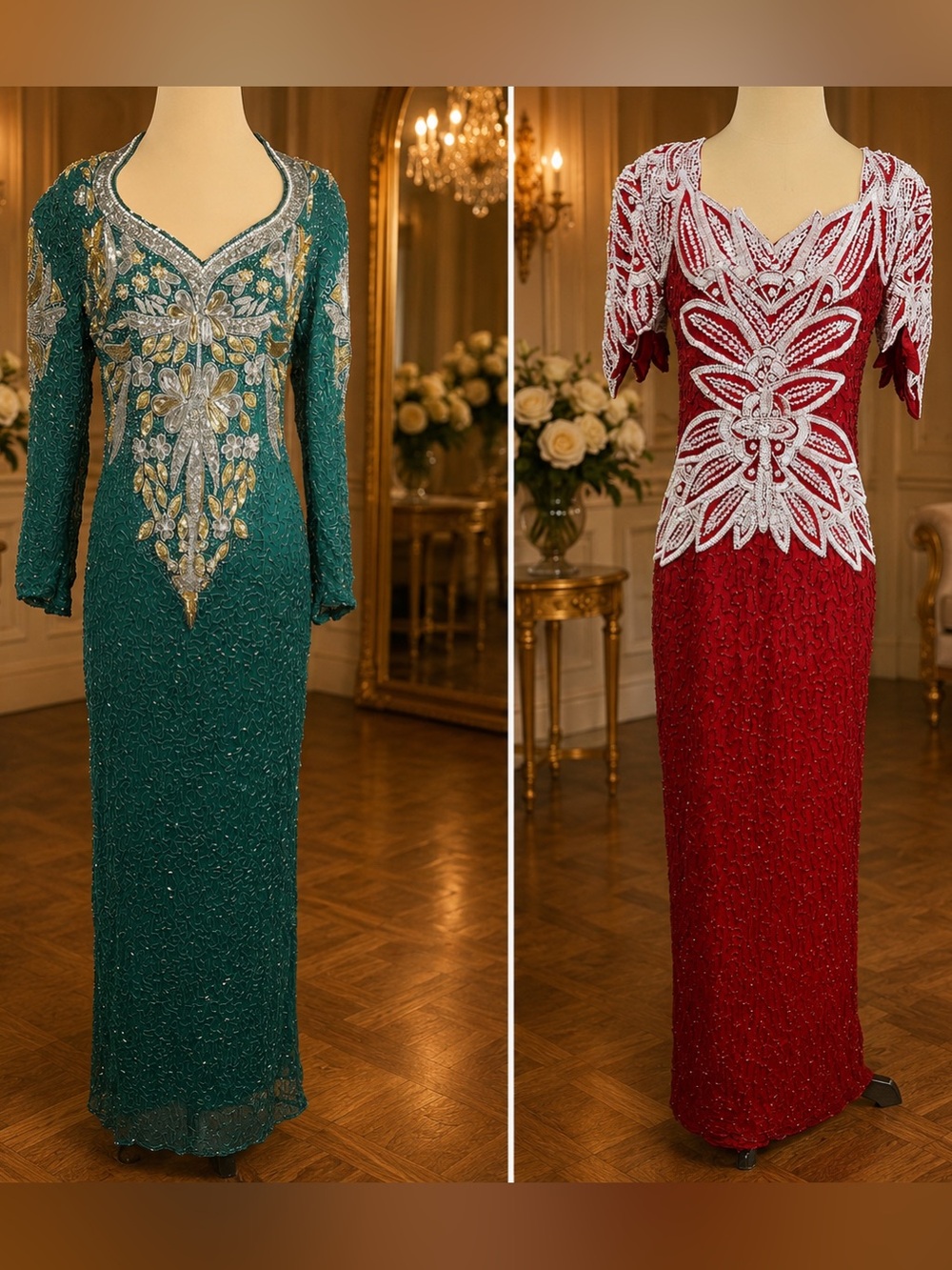 BUNDLE of 2 Silk Sequin Beaded Evening Gown Vintage Dress & Top (Fixer)